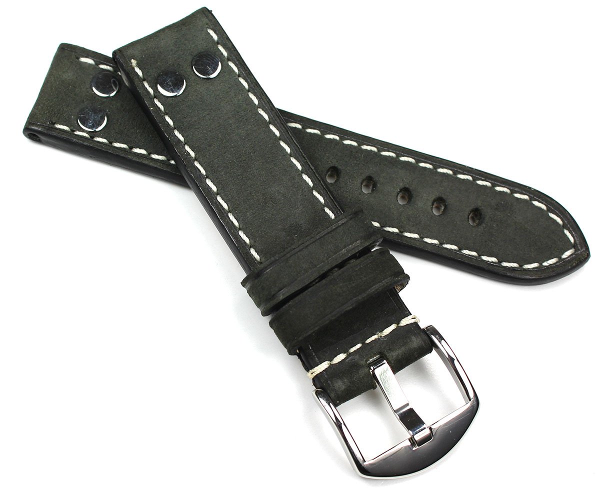 Bracelet 22mm cuir de vachette de style militaire avec rivets rétro noir - 5