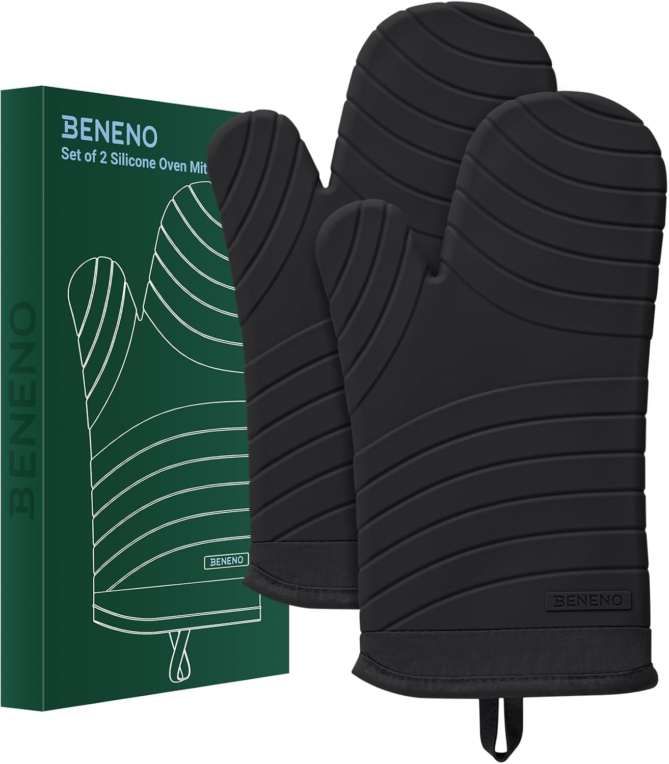 Beneno BPA-Free Silicone Oven Mitt 2-Pack Set, 7"x13", Black