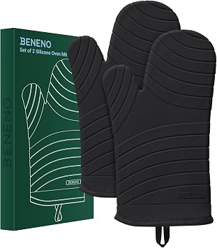 Beneno BPA-Free Silicone Oven Mitt 2-Pack Set, 7"x13", Black
