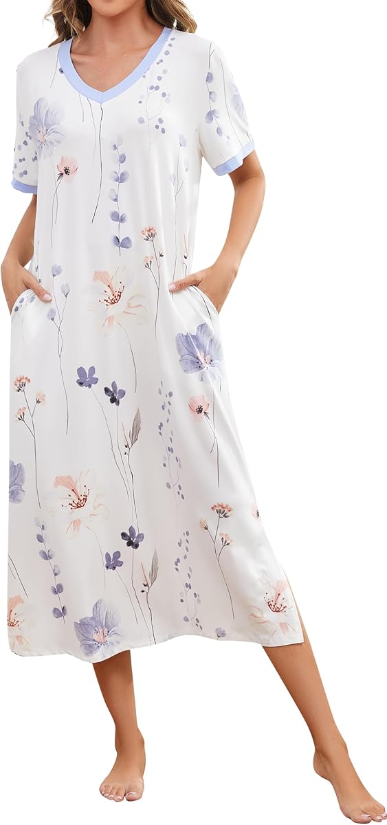 Kabento Cotton Nightgowns for Women Soft Short Sleeve Long Sleepwear with Pockets