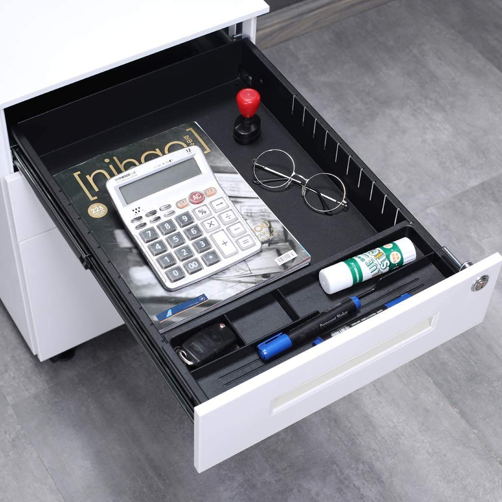 Aktenschränke, Büro-Rollcontainer,Rollcontainer, inkl. 3 Schübe Bürocontainer mit Anti-umkippen-mechanismus für A4, Mobilen, Abschließbar ; 39cm B x 50cm L x 60cm H, JLB021-W