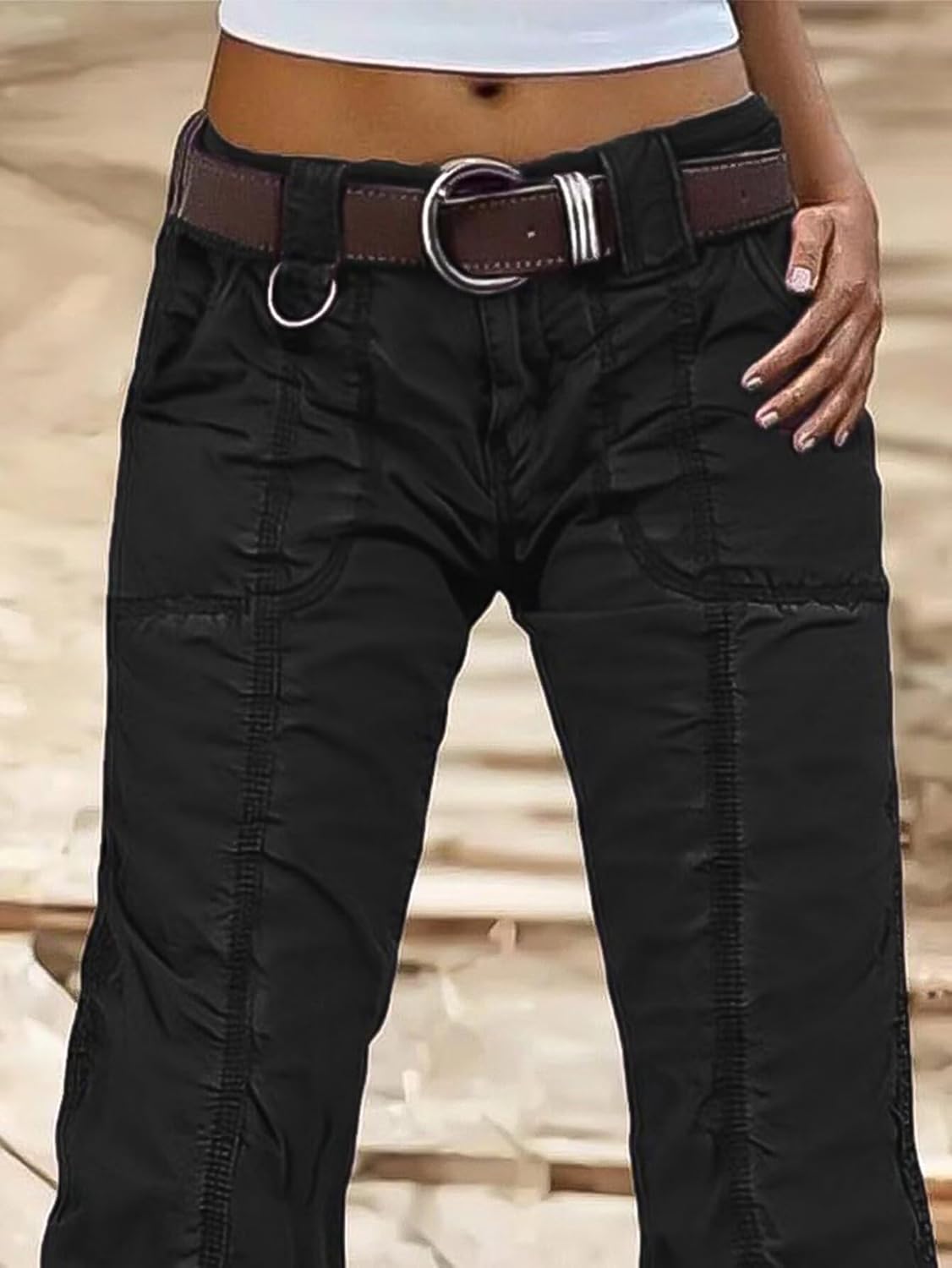 Flamingals Straight Leg Pants for Women Mid Rise Casual Cargo Solid Patch Pockets Stitch Detail Pants - Image 2