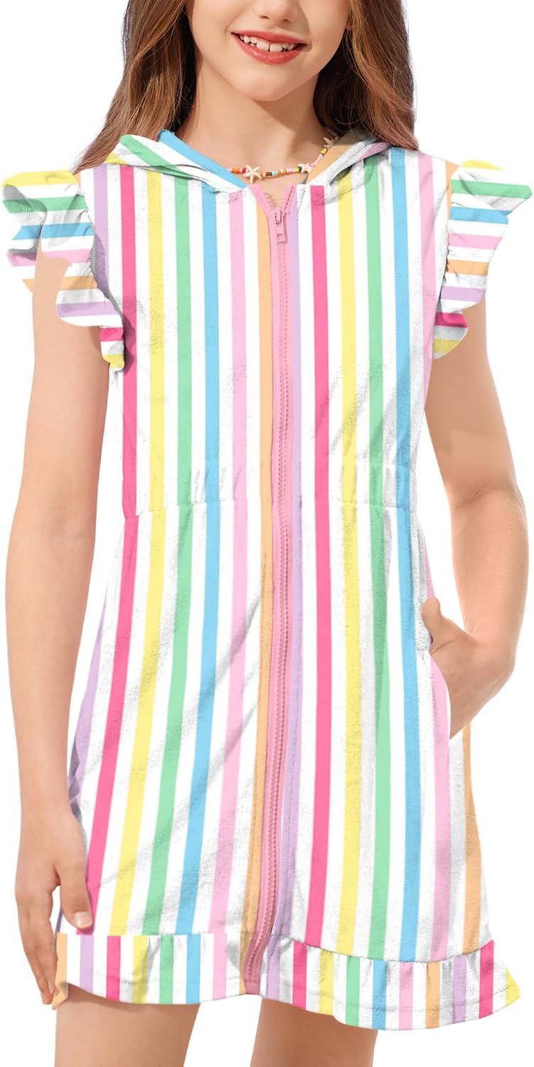 BesserBay Girls Swim Cover Up Zip Up Hooded Beach Bathing Suit Quick Dry with Pockets 4-12 Years
