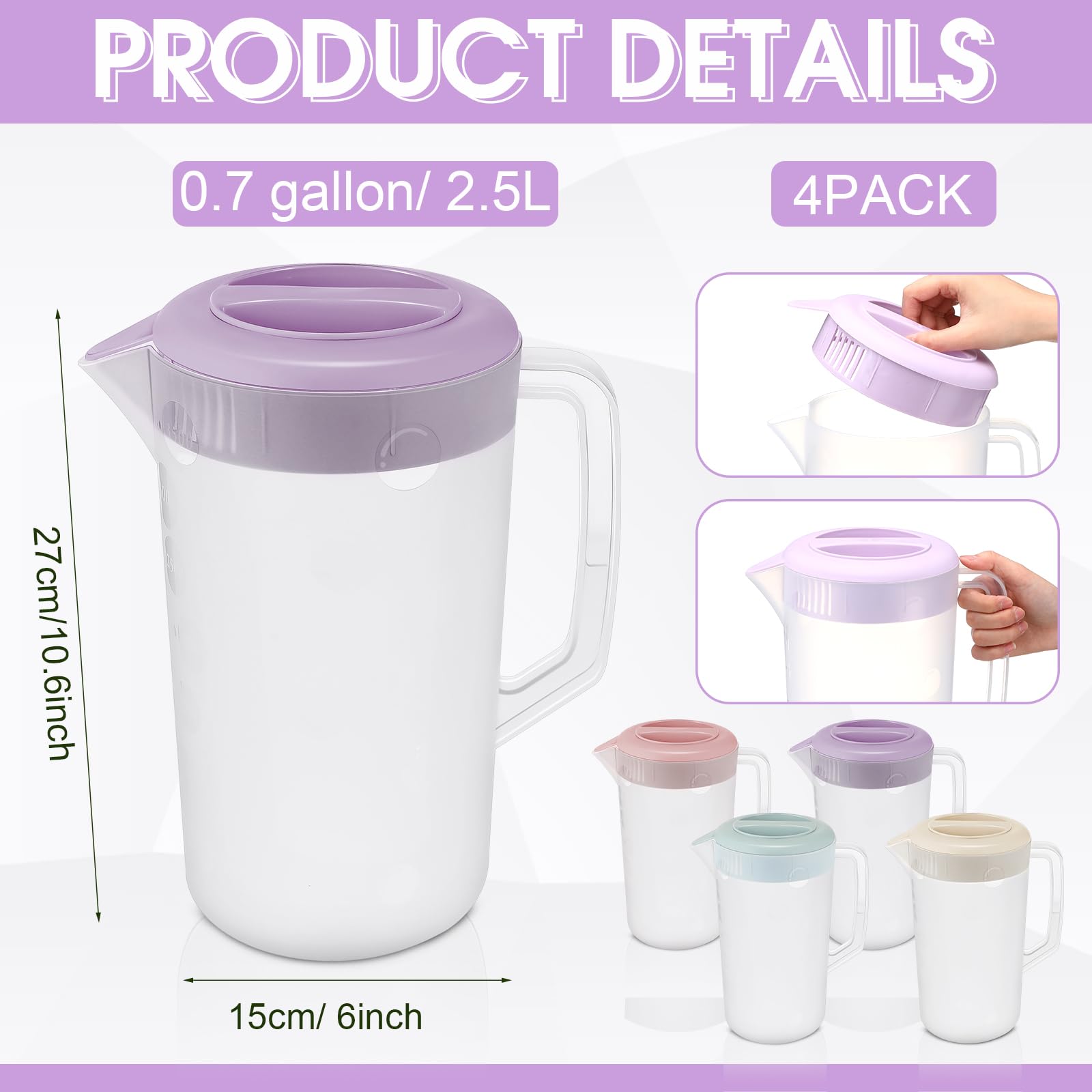 Uiifan 4 jarras de agua de plástico con tapa, boquilla y asa, jarra de plástico para zumo, bebidas de té, para nevera, jarra de agua, para limonada, leche, bebida fría, hogar, fiesta diaria