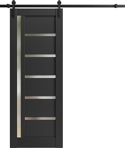Puerta de granero resistente de 42 x 96 pulgadas, vidrio esmerilado Quadro 4088 negro mate Juego de ganchos de riel de 8 pies de montaje superior
