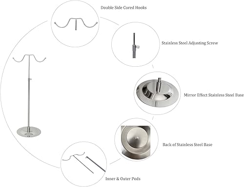 Miniatura 5 de Soporte de exhibición de bolso de acero inoxidable para encimera, doble gancho, ajustable, soporte independiente para bolsos, pelucas, monederos