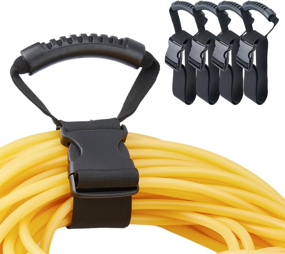 SUPERFINDINGS 4-Pack Heavy-Duty Storage Strap with Handle Holds 25.6Inch/65cm Hook and Loop Cord Carrying Strap Black Extension Cord Organizer for Extension Cord Garden Hose Cable Garage Boat RV