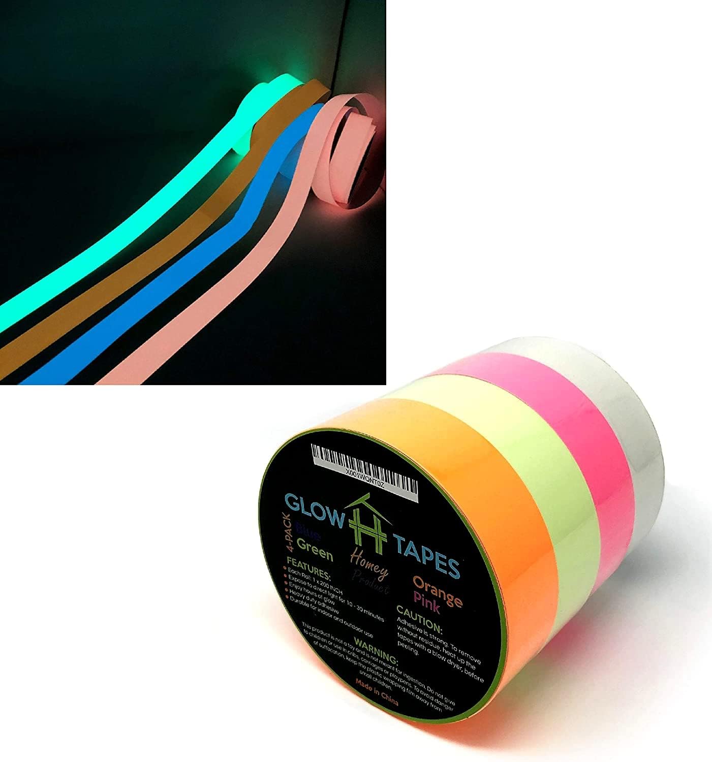 Glow in The Dark Tape - Set of 4 Bright Color Rolls - 1" x 200" Each - Green, Orange, Blue, Pink - Strong with Hours of Luminous Glow - Great Party Supplies & Decorations