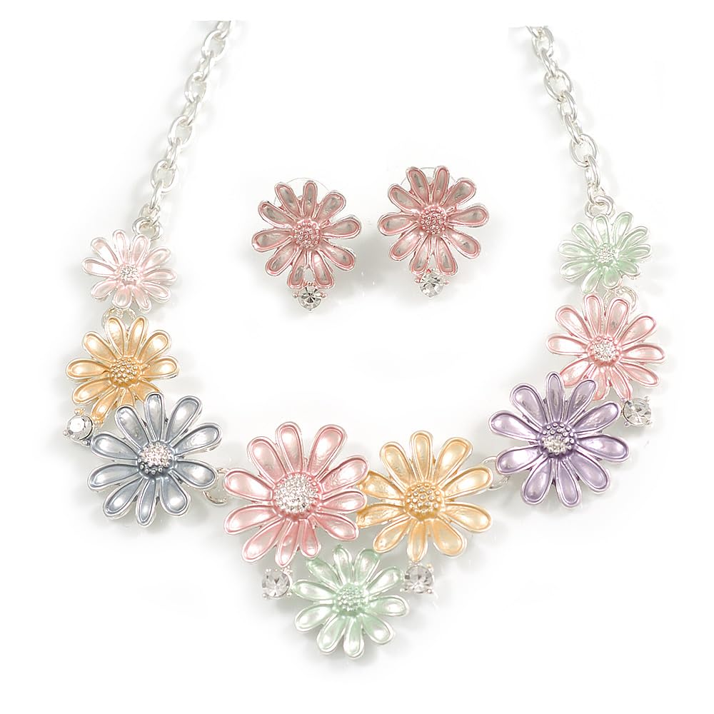 Collar de margaritas con extension ajustable de 6 cm y pendientes de tuerca antialérgicos 8