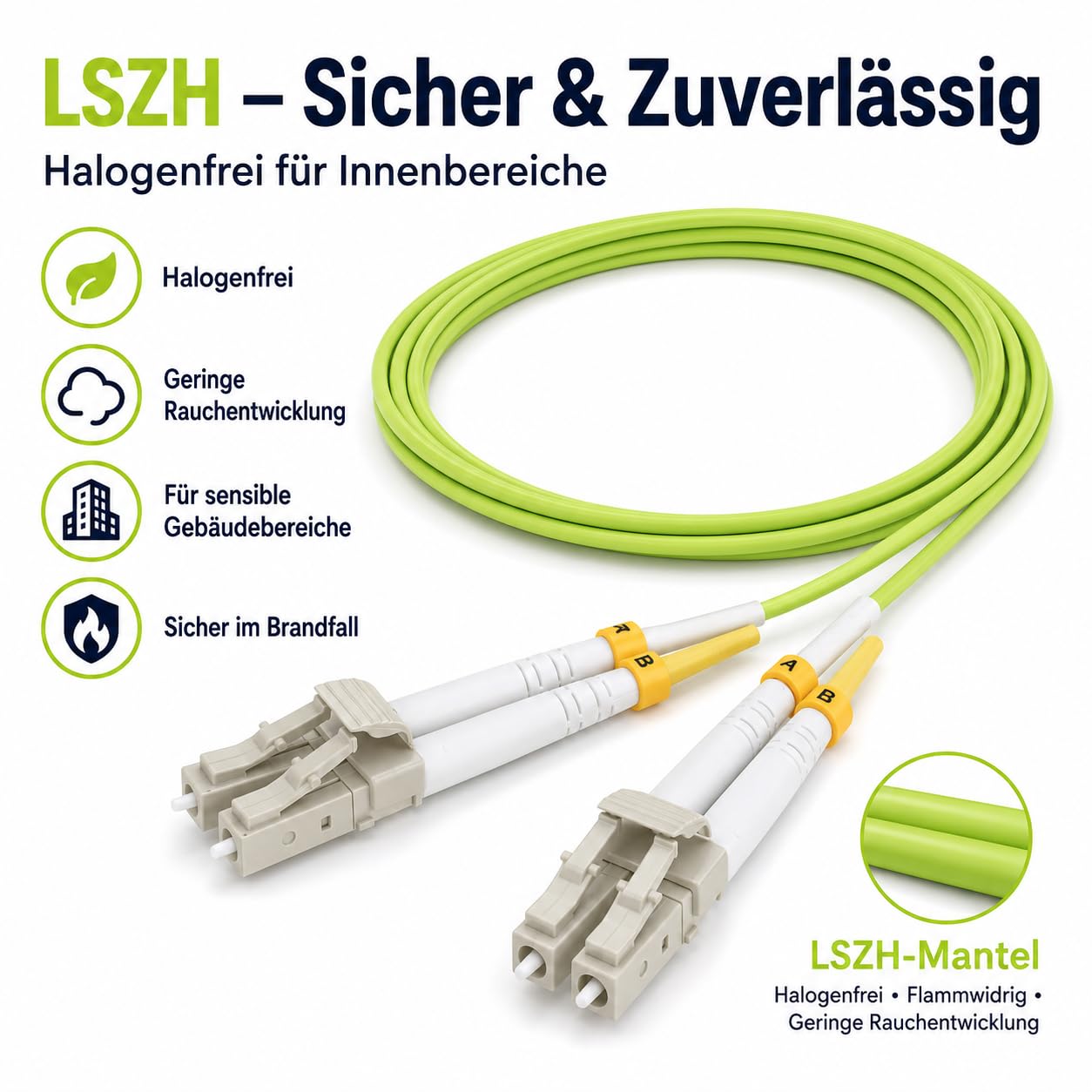1 câble de brassage duplex 30 m OM5 LWL DX LC/UPC - LC/UPC MM multimode - 50/125 µm LSZH vert citron