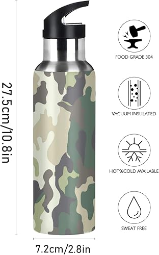 Miniatura 2 de Botella de agua deportiva militar de camuflaje con pajilla, botella térmica de acero inoxidable aislada al vacío, a prueba de fugas, sin BPA, para
