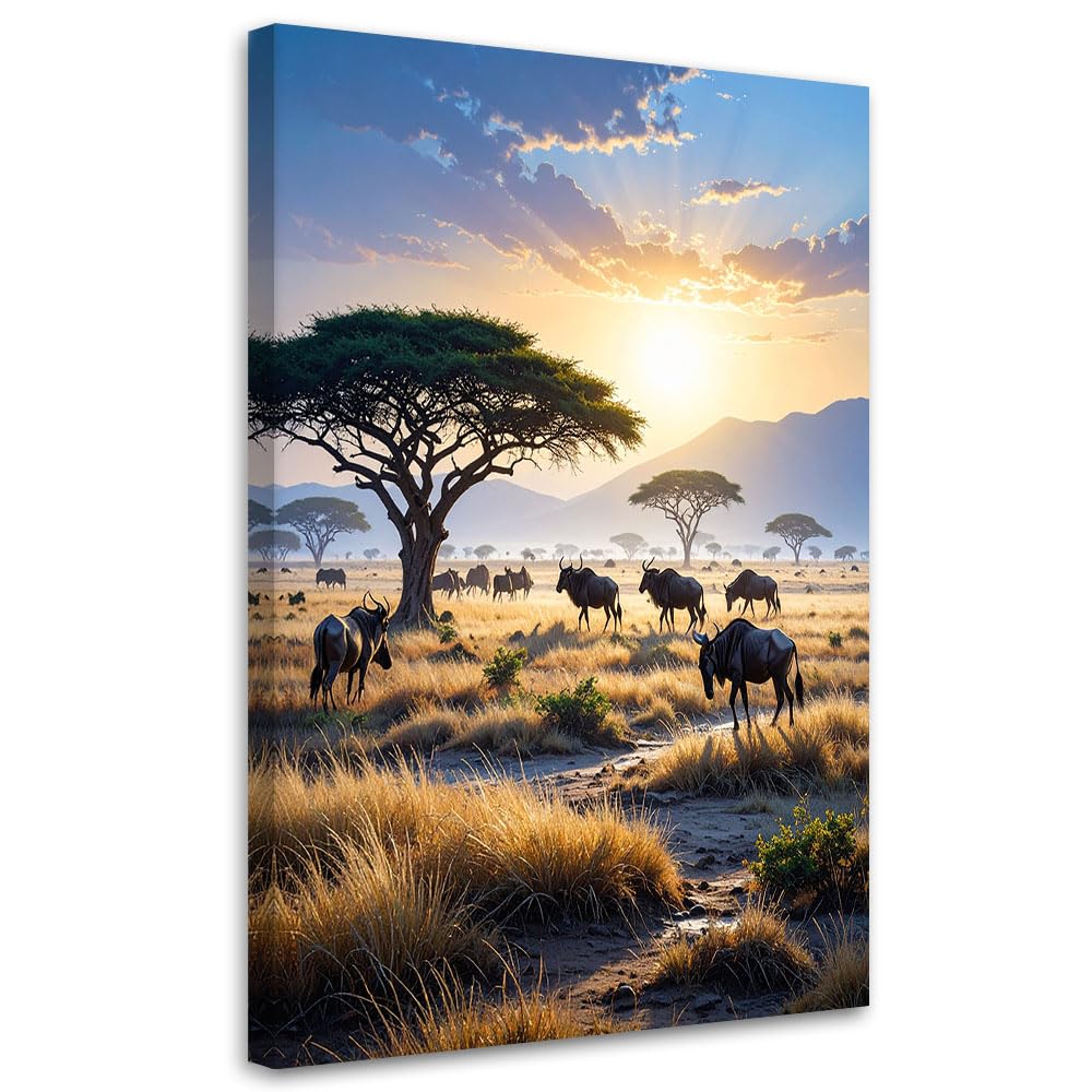 Feeby Wandbilder - Bilder Schlafzimmer - Afrikanische Tiere Savanne - 60x90 1tlg - Wohnzimmer Bild Groß - Wohnungs - Foto Geschenk - Leinwand Wall Art - Wand Deko