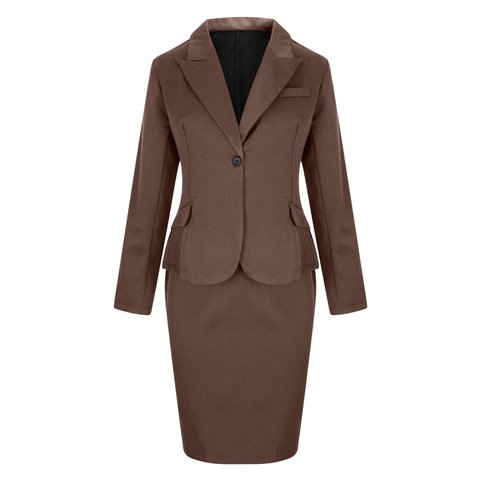 Rock & Blazer Kombinationen Damen Rockanzug Einfarbig Büroanzug Business Kostüm Langarm Umlegekragen Anzugmantel Midi Bleistiftrock Arbeitskleid 2-Teiliges Outfit Einknopf Anzugjacke