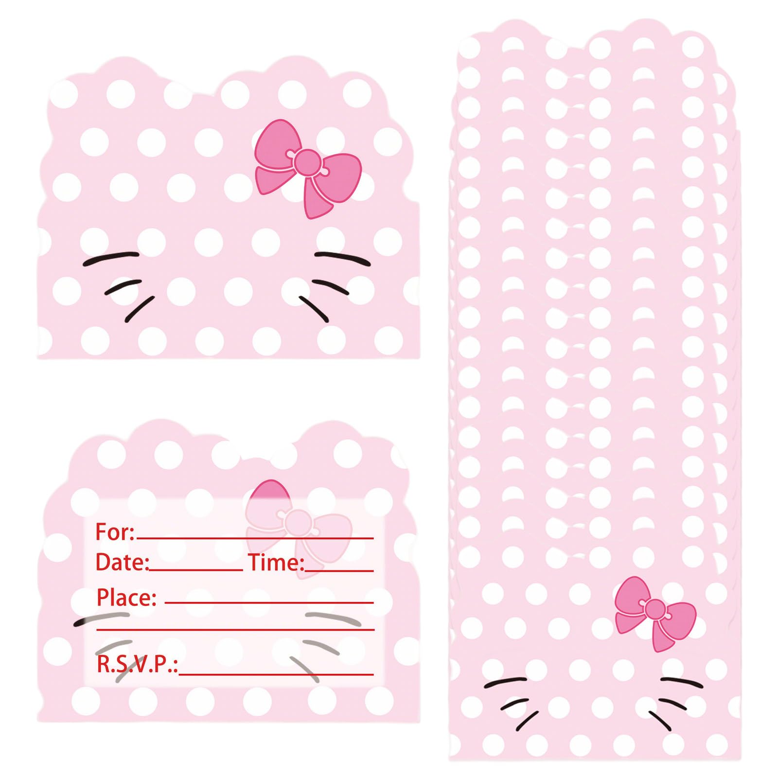 20PCS Pink Cute Cat Invitations, Cat Themed Party Invitation Card Pink Party Supplies for Birthday Wedding Celebration