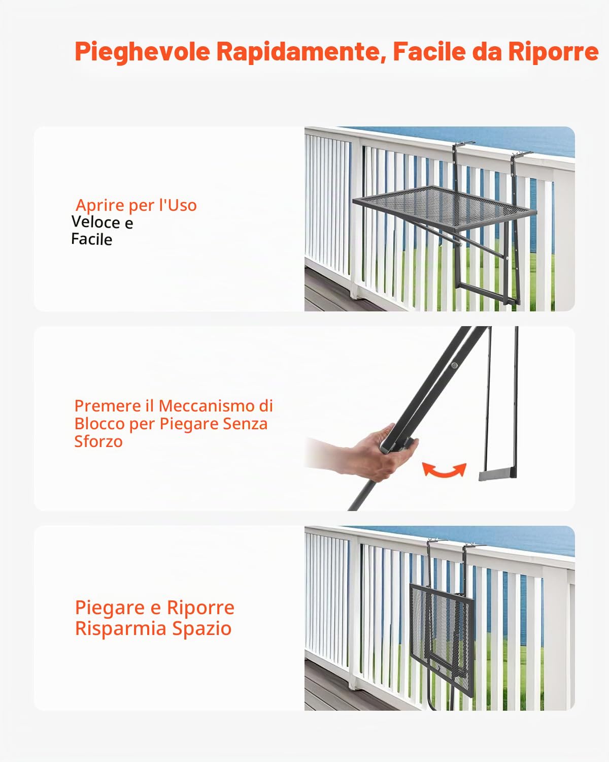 VEVOR Tavolo Sospeso Pieghevole in Metallo per Ringhiera del Balcone da 610 x 410 mm, Tavolo da Bar all'Aperto per Ringhiere, Regolabile su 5 Livelli, per Ringhiere e Patio e Terrazza