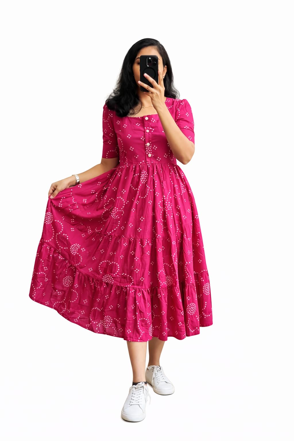 Women's Pink Bandhani Print Tiered Maxi Dress, Short Sleeve, Square Neck, Cotton (in, Alpha, 2XL, Pink)-picture-33