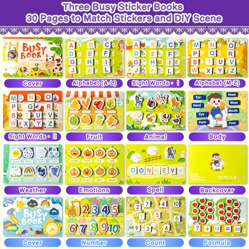 Image of 3 Pack Busy Books for Toddlers, Montessori Quiet Book, Preschool Learning Activities Educational Workbook, Sorting Matching Sticker Fixing, Gifts for Kids Age 3+ (Farm, Vehicle, Weather)