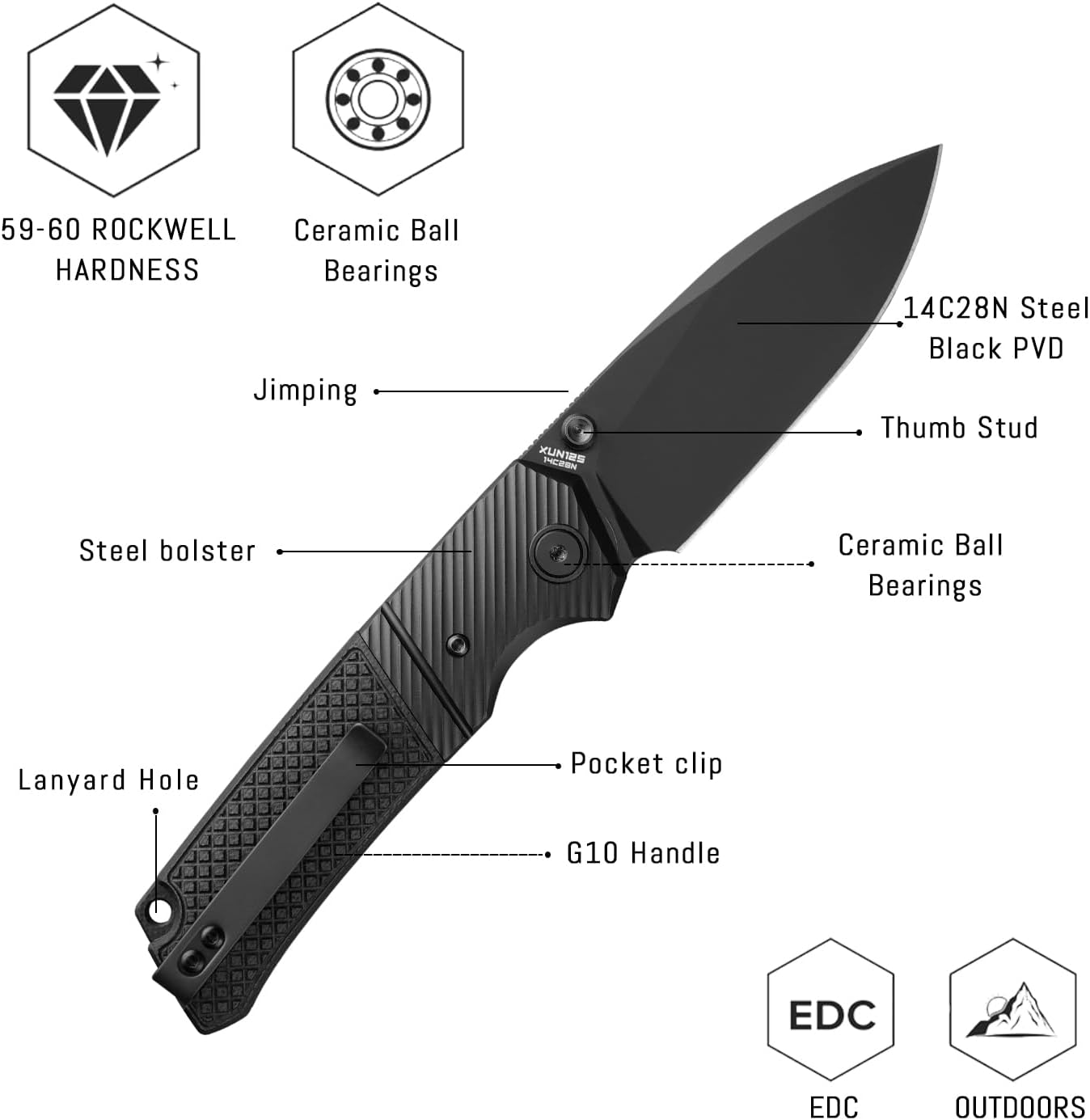 XUN125-BGB，Folding Pocket Knife for Man, 3.27" 14C28N Steel Blade （PVD） with Reversible Clip for Camping & Outdoor
