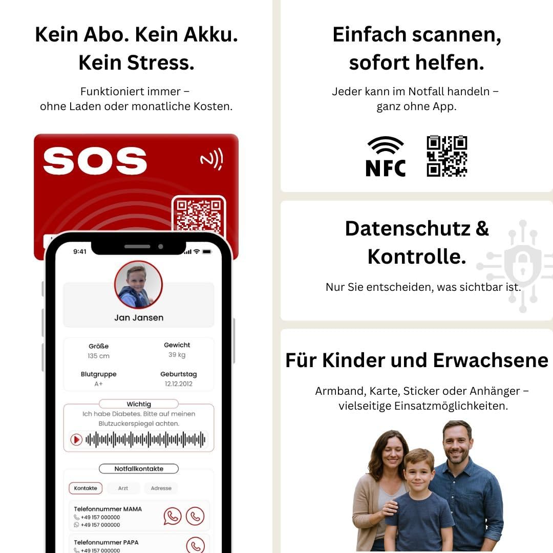 SOS Notfallkarte mit Notfallprofil – NFC & QR Code – deutsche HelpMee® Marke – Für Senioren, Sportler, Urlaub, Ausflüge – weltweit abrufbare Infos mit allen Smartphones