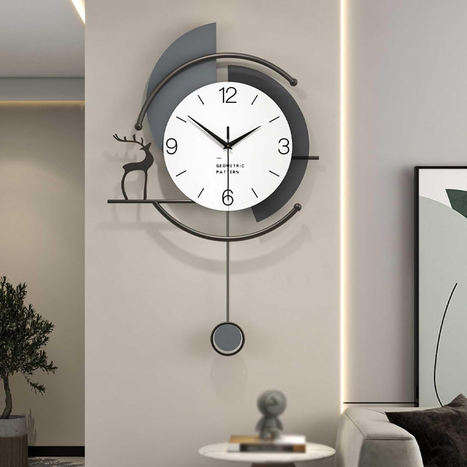Nowoczesny zegar ścienny, minimalistyczny zegar biurkowy, projekt gigantycznego dekoracyjnego cichego zegara wahadłowego z metalową ramą + drewniana tarcza w stylu art deco do salo