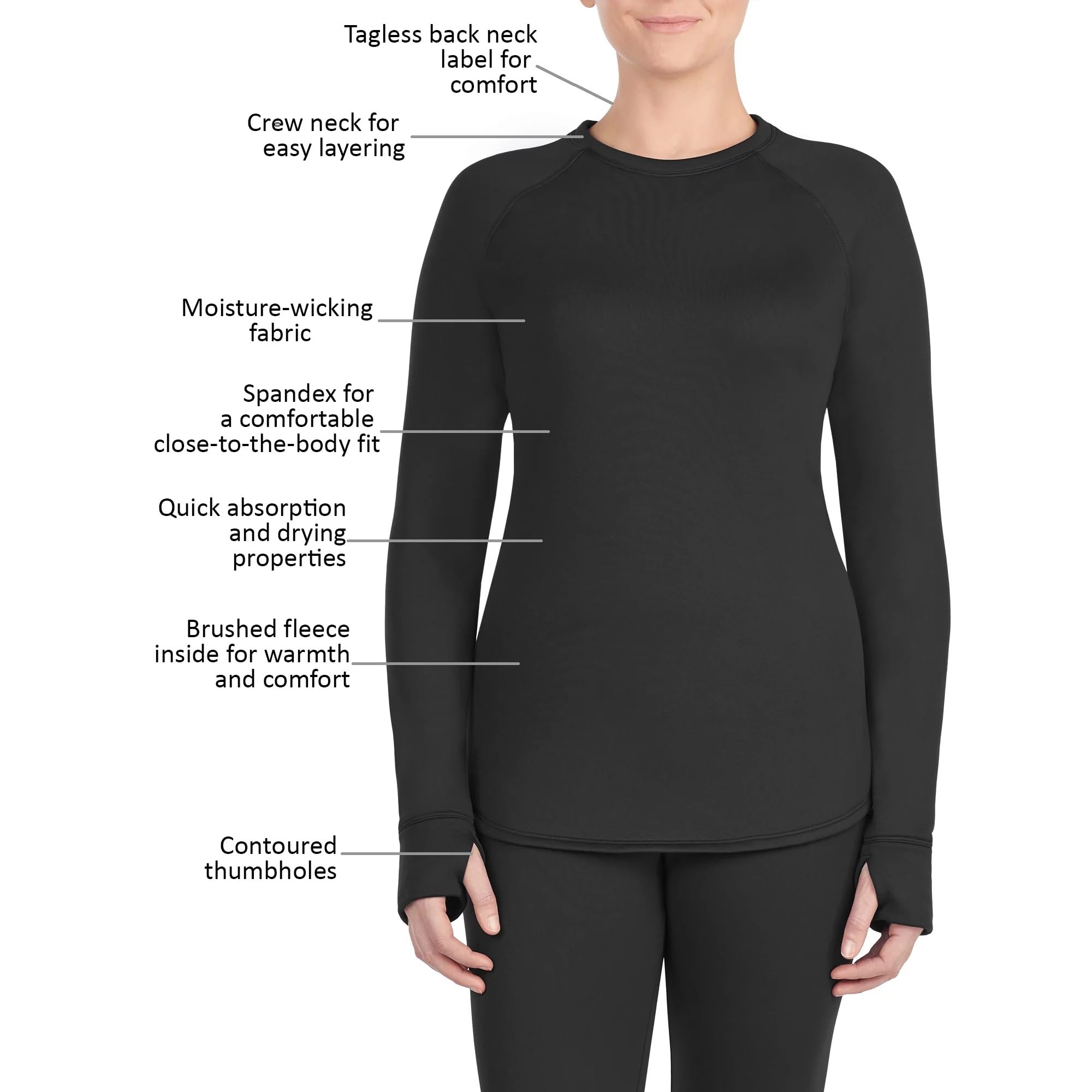 Cuddl Duds Women's Long-Sleeve Climate Right Thermal Guard Base Layer Crewneck Top with Thumbholes (Black) (US, Alpha, Large, Regular, Regular, Black)