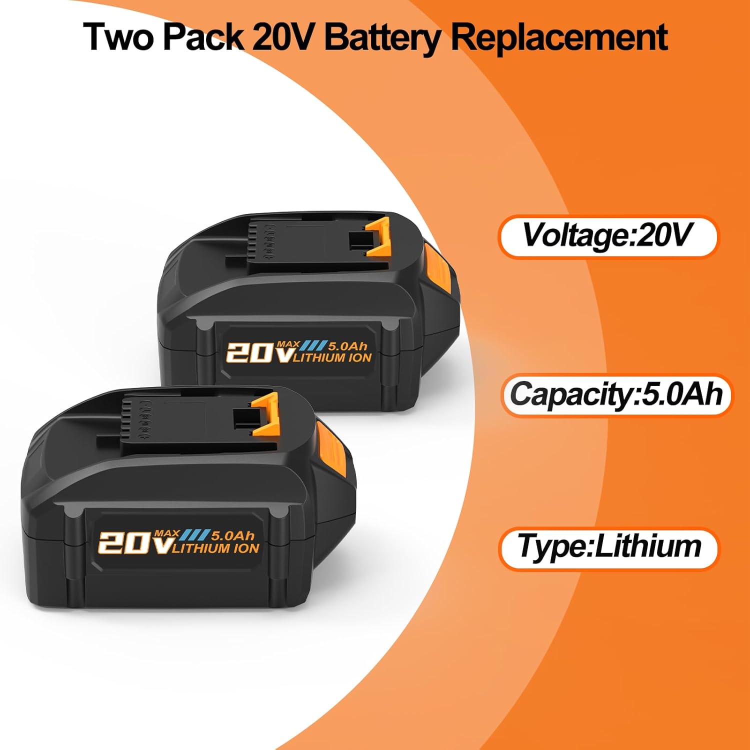 2 Packs 5.0Ah Replace for Worx 20V Battery WA3525 WA3578 WA3575 WA3520 WG151s, Compatible with Worx 20V Power Tools and Charger