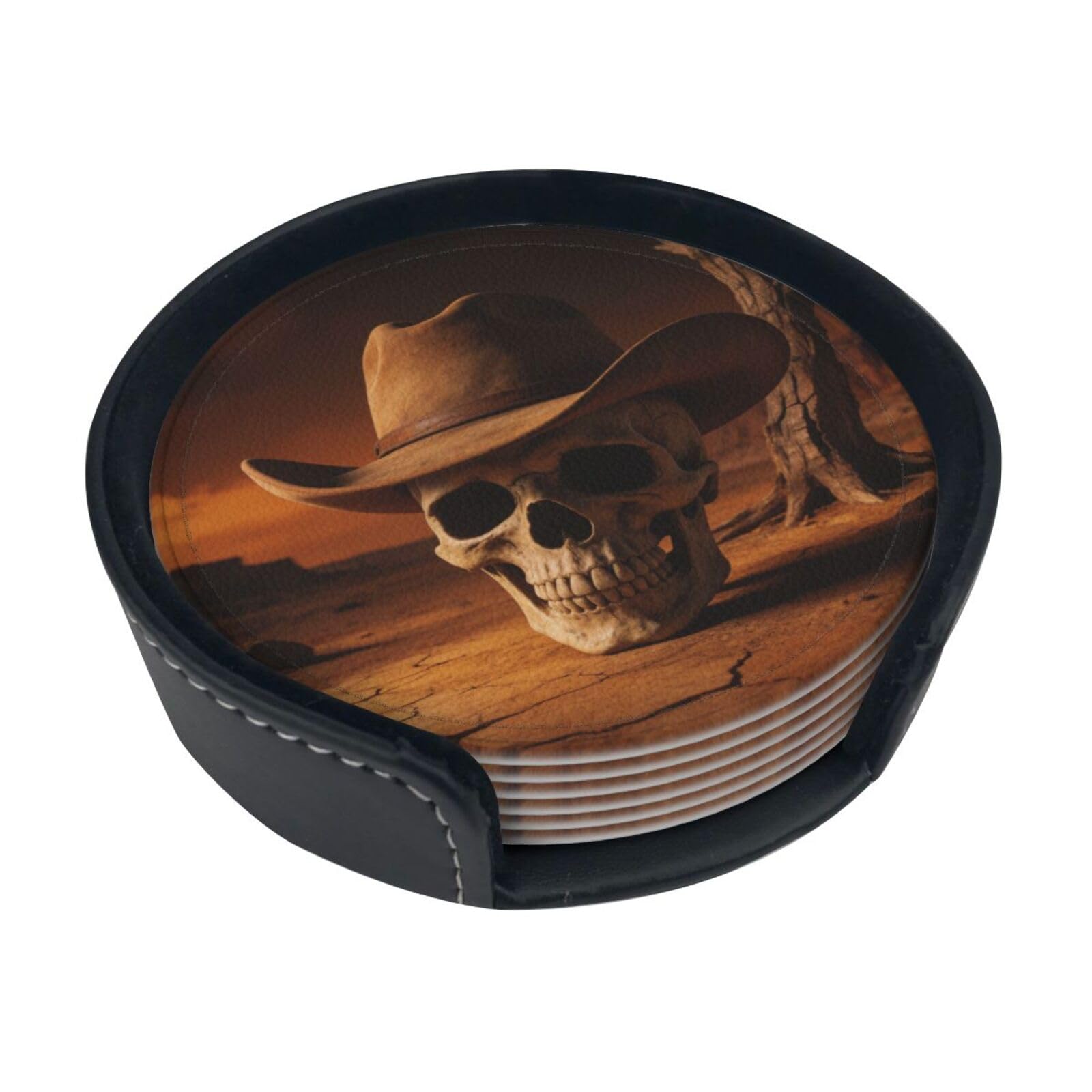 Cowboy Skull Hat Leather Coasters-Set of 6 with Storage Holder