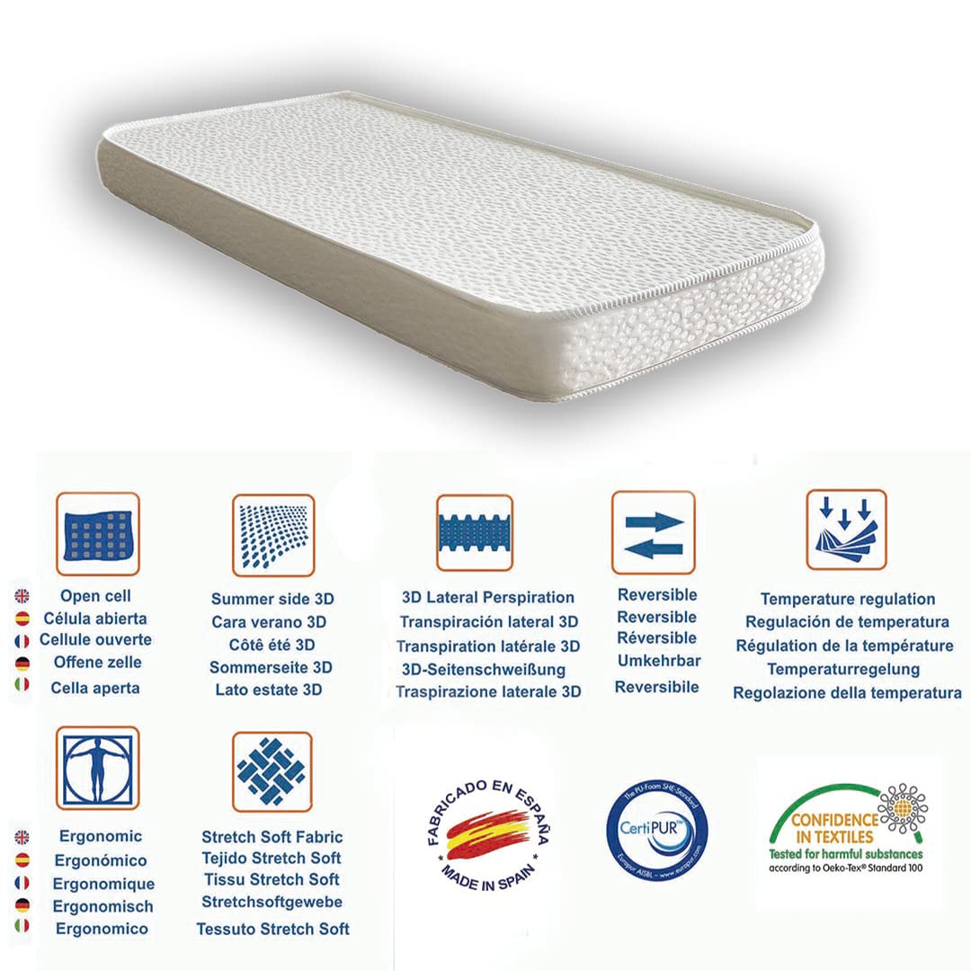 Colchón cuna 60x120 | Tejido Aloe Vera Hipoalergénico | Fabricado en España | Reversible | Certificado Oeko-Tex | Tratamiento Sanitized | CertiPUR | colchon cuna 120 x 60 cm | Altura 10cm | Tejido 3D