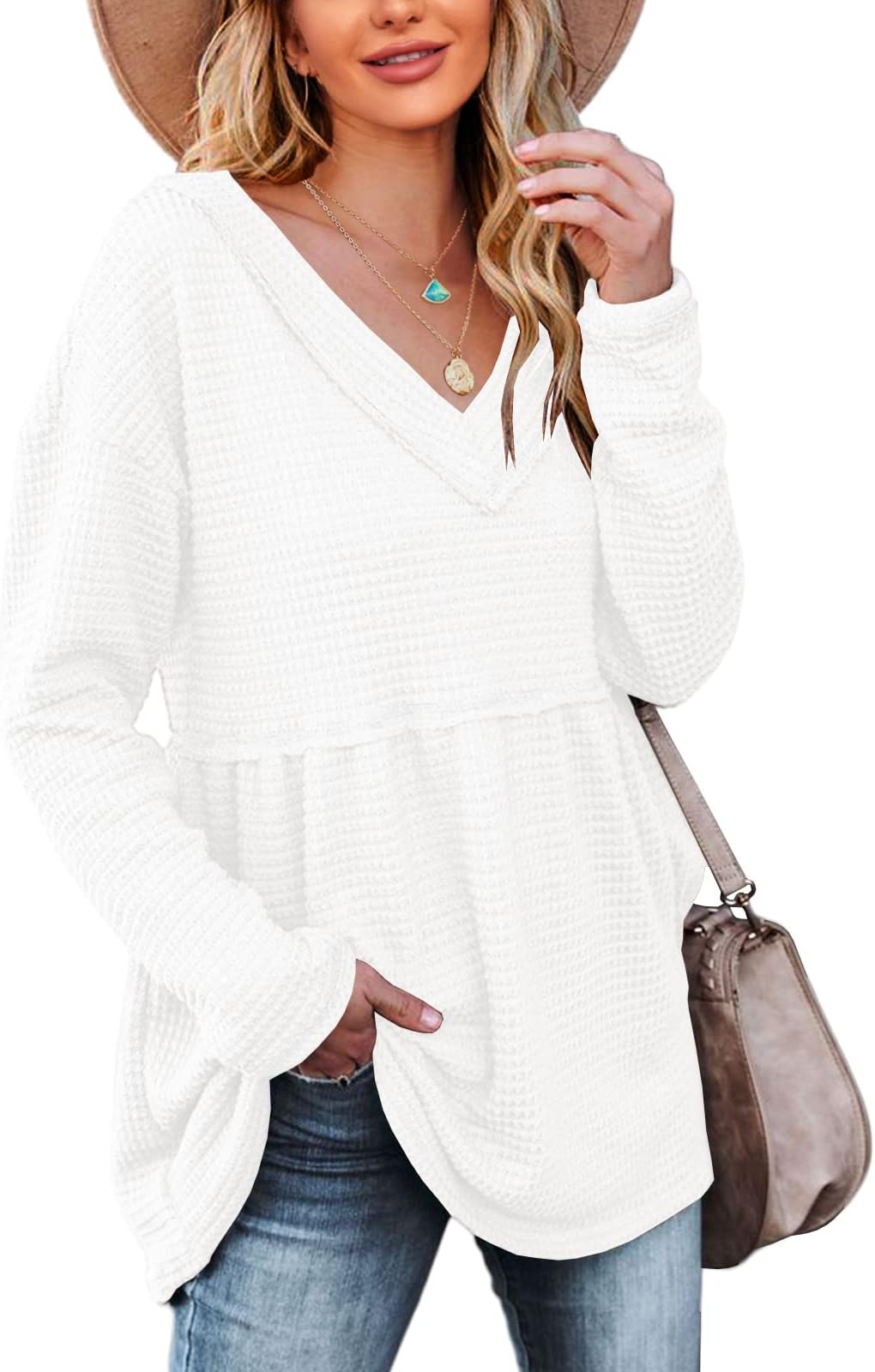 Chang Yun Womens V Neck Waffle Tunic Top Long Sleeve Peplum Pullover Babydoll Casual Flowy Swing Tshirts Pullover Sweaters, White, Small