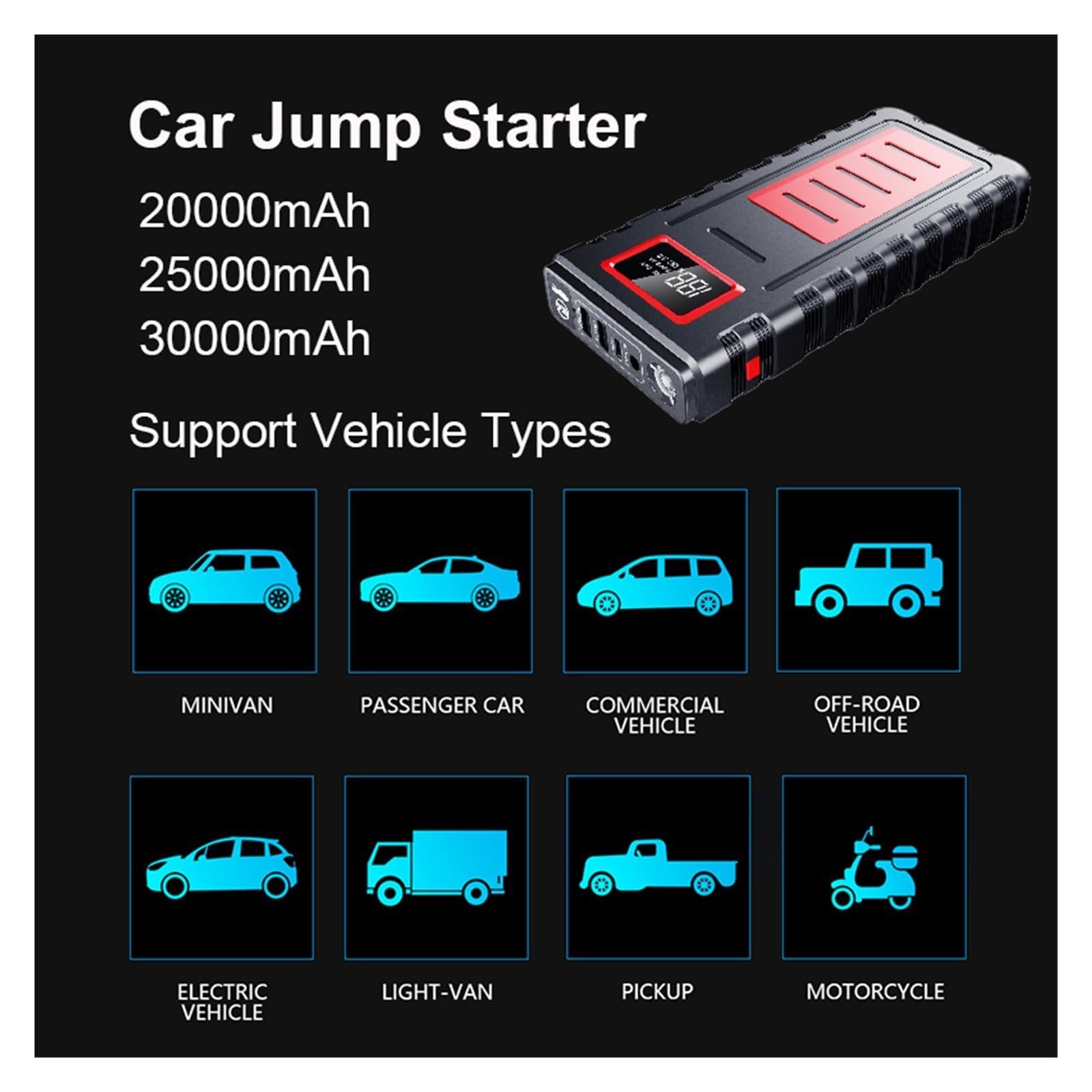 Arrancador de batería portátil para Coche, 3000 A, 25 000 mAh, Carga rápida de 12 V, con Pantalla Digital para vehículos de Gasolina y diésel.