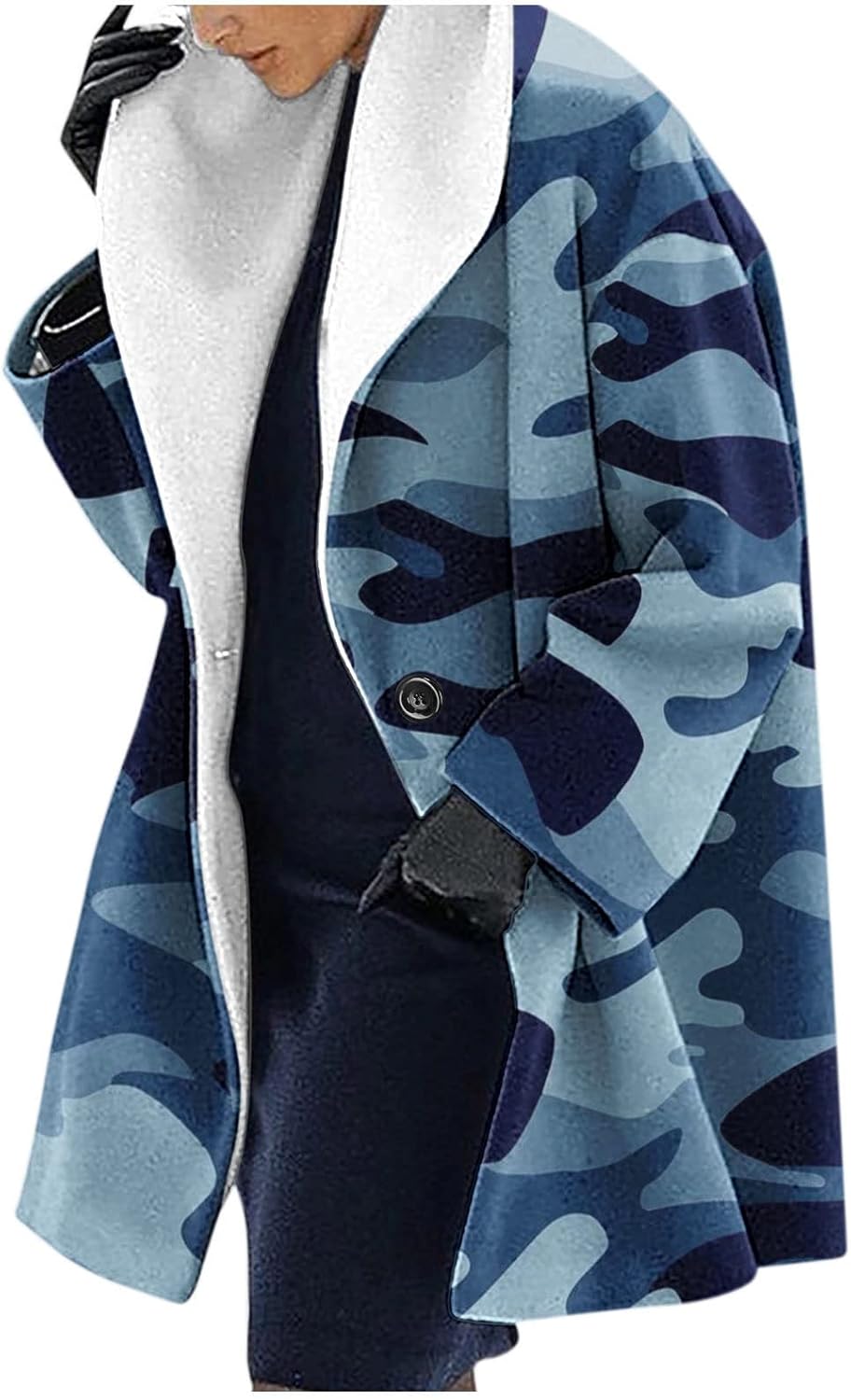 SNKSDGM Gabardinas de invierno para mujer, con estampado de solapa, manga larga, manga larga, para otoño, lana, abrigo de guisante, ropa, Negro -