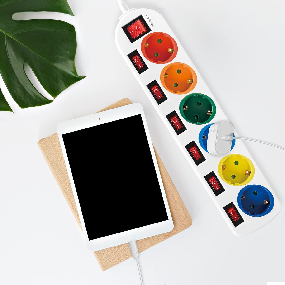 LogiLink LPS259-6-Way Power Strip (CEE 7/3), with 7x On/Off Switch, with Built-in Safety Shutter (Increased Touch Protection), Colour: Multicolor, White
