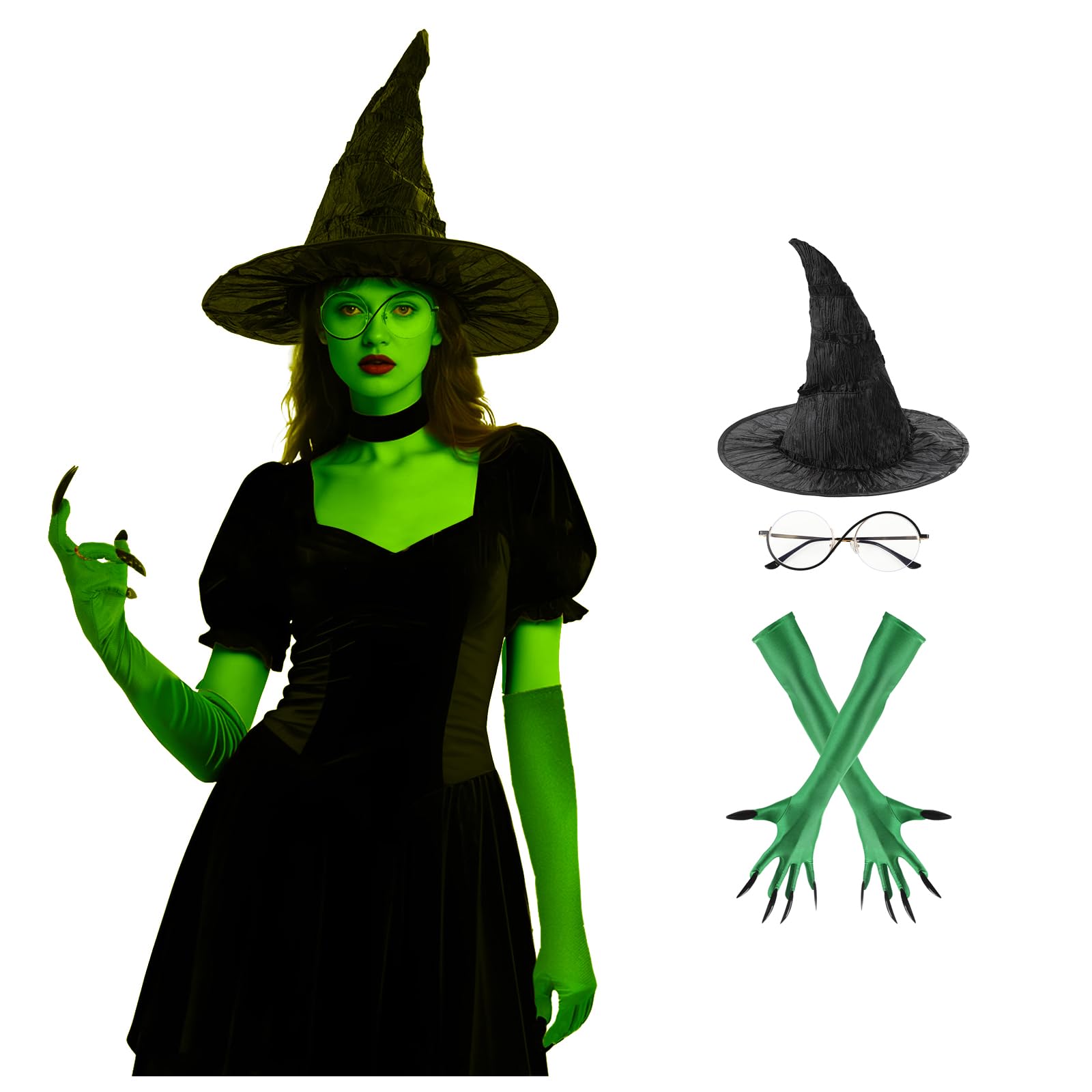 OhMill Halloween Witch Costume Set Black Witch Hat Green Claw Gloves And Glasses Halloween Cosplay Party Wizard Dress Up Props