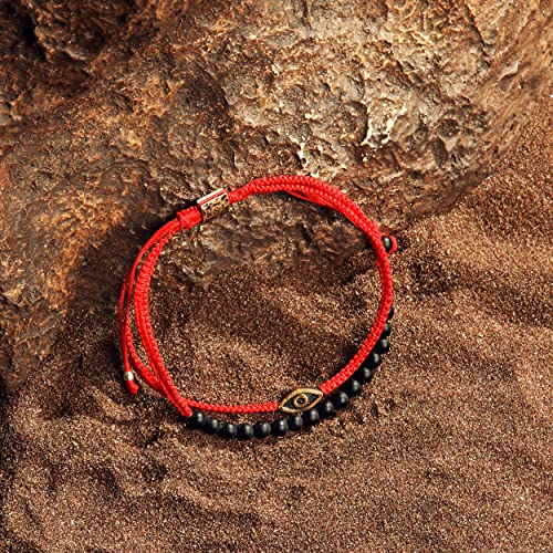 KARMA AND LUCK - Brave Gaze - Men's Real Matte Onyx Stone Bronze Brass Evil Eye Charm Red String Adjustable Drawstring Closure Bracelet Handmade with Love in Bali (Onyx) - Image 5