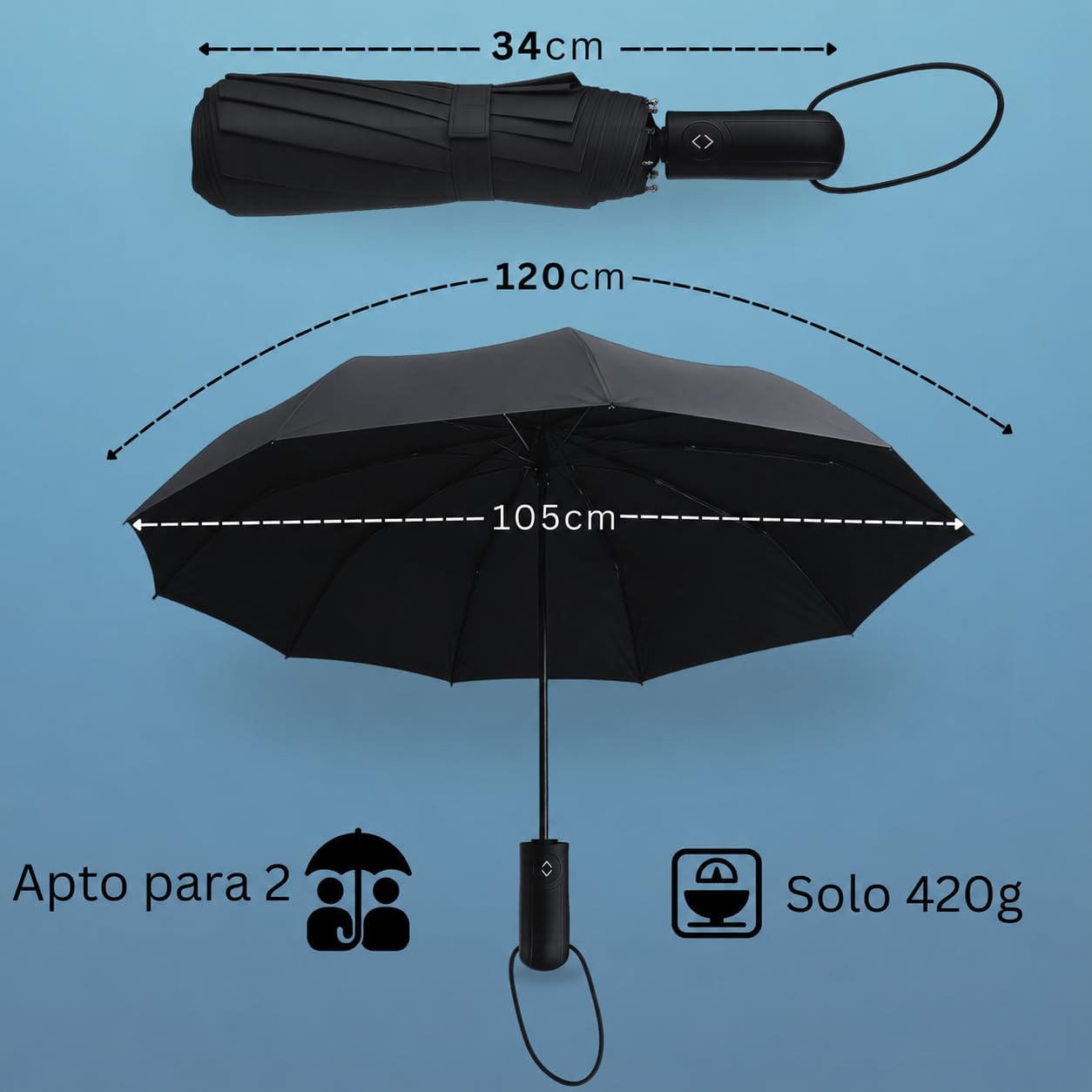 Paraguas antiviento I Paraguas plegable 3 tamaños Ø95cm,Ø100cm, Ø105cm | Umbrella compacto I Paraguas pequeño, ligero para viaje y diario I Automático abre y cierra I Para hombre y mujer I Drytogo
