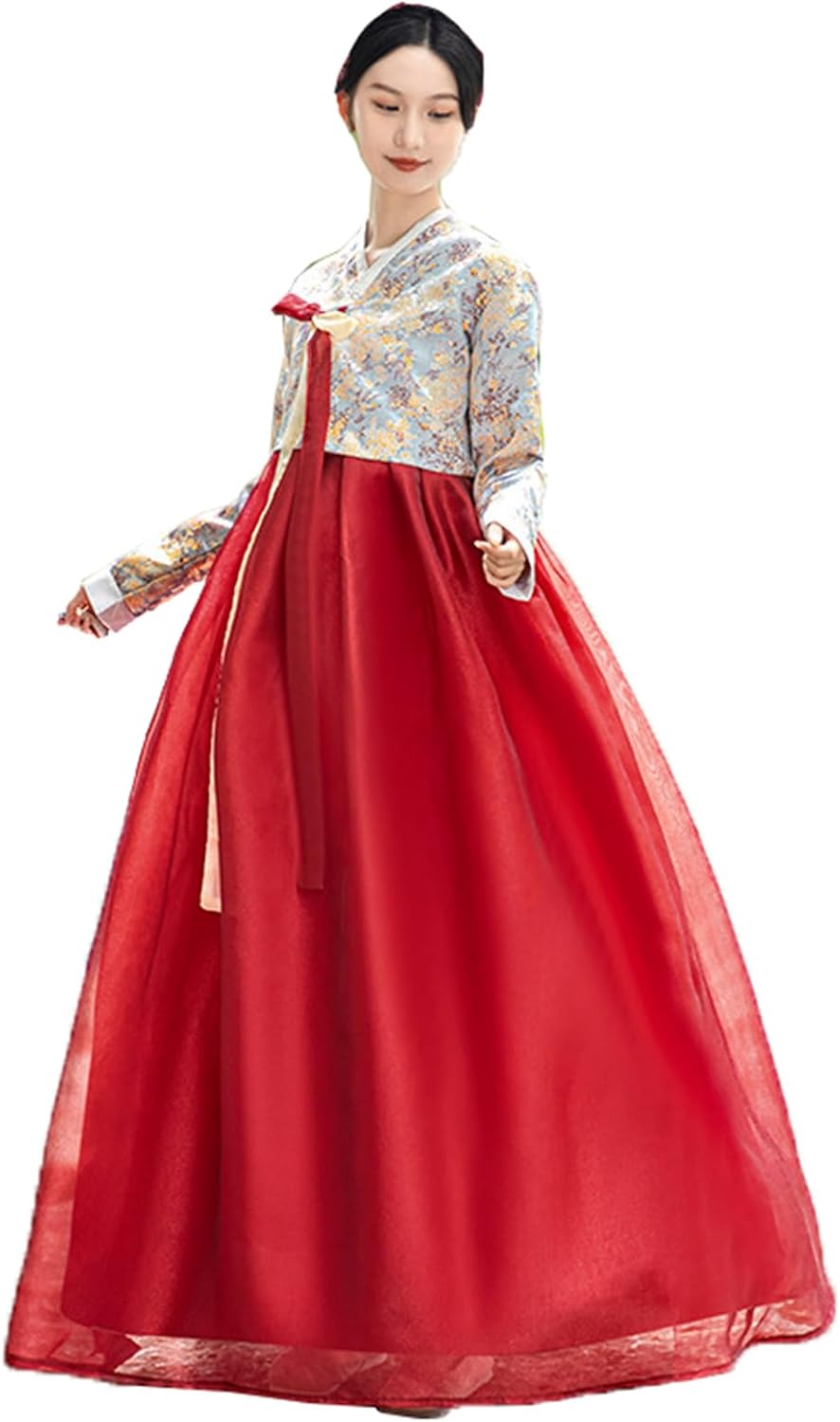 Women's Korean Traditional Hanbok Dress Floral Tops Long Mesh Skirt