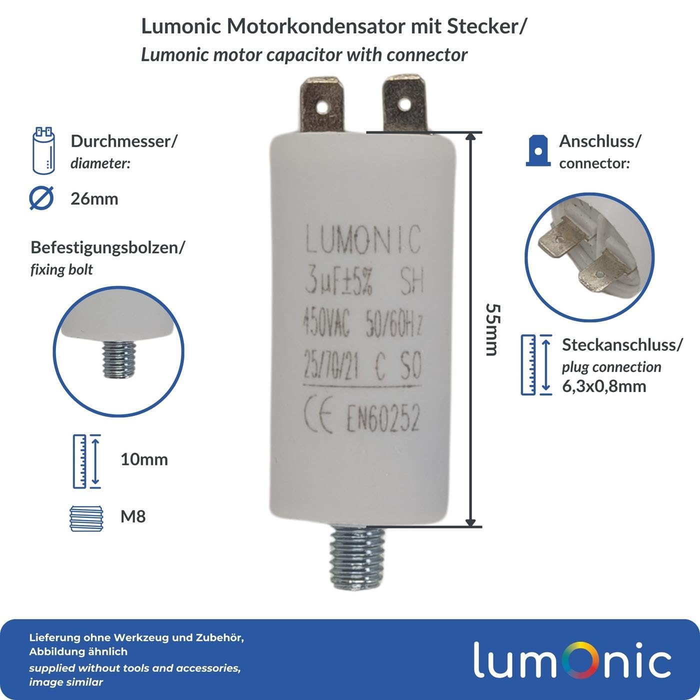Lumonic Kondensator rozruchowy 3µF 450V | z WtyczkaX I 26x55mm I 3uF I Kondensator silnikowy z plastikowa obudowa I Kondensator operacyjny I do pomp, kosiarek, narzedzi