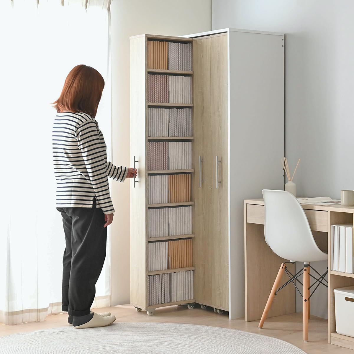 【新品・送料無料】3連 スリムラック ハイタイプ　本棚 薄型 スライド ホワイト tcp349_2.jpg