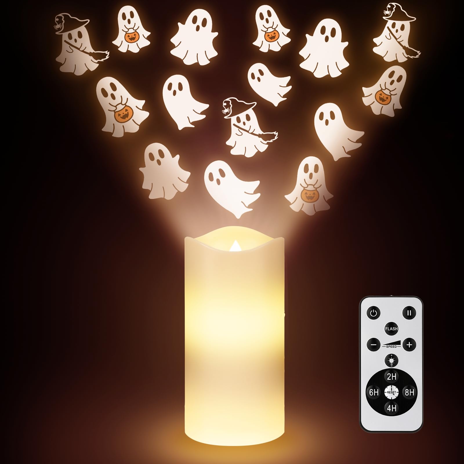 Baquler Halloween Projector Candle Ghost Projector Light Halloween Indoor Decoration Spooky Scary LED Flameless Candle Battery Operated Night Light with Remote Timer Bedroom Home Decor Party Gift โ image 1