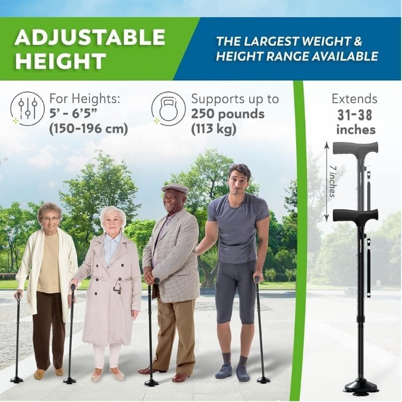 Image illustrating how to adjust the height of the HONEYBULL Walking Stick, showing the push-button mechanism and the range of adjustment.