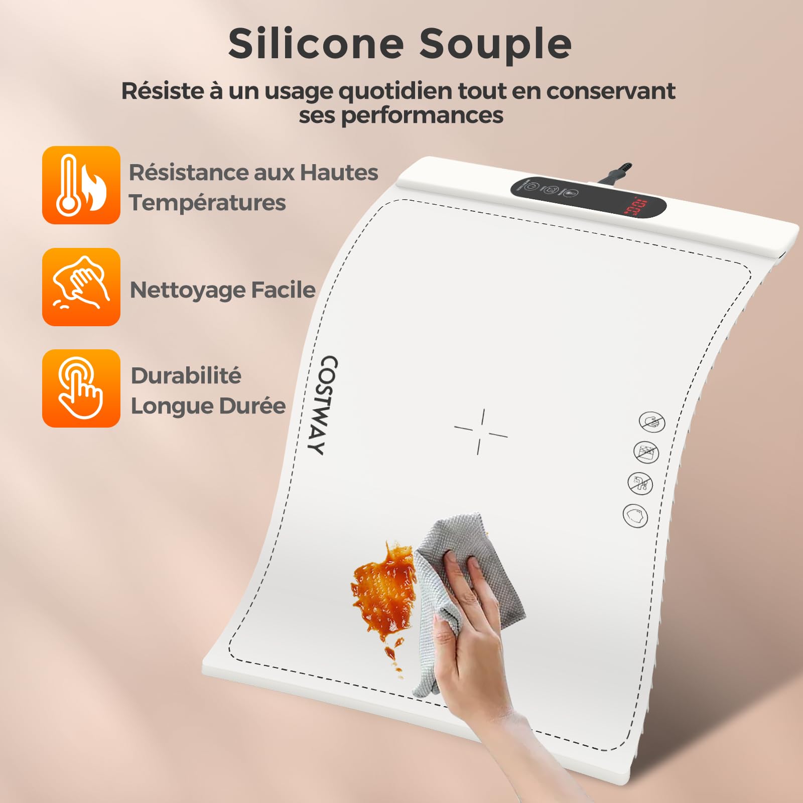 COSTWAY Chauffe Plat Électrique Pliable pour Aliments, Tapis Chauffant avec Température et Minuterie Réglables, Plateau Chauffant en Silicone Enroulable, Contrôle Tactile, pour Fêtes, Buffets (Blanc)