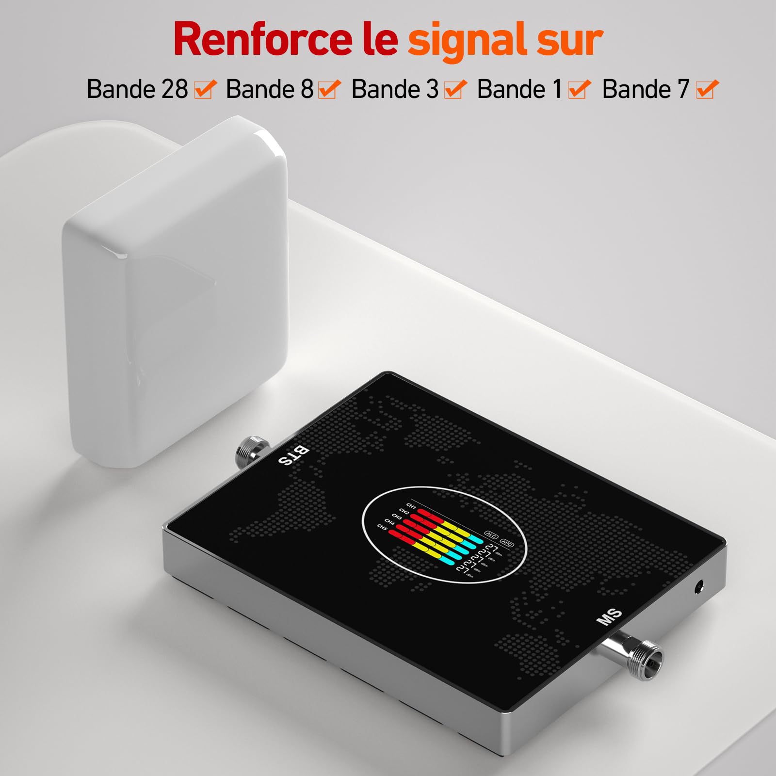 Amplificateur 5G 4G 3G GSM 5 Bandes 28/8/3/1/7 Amplificateur GSM pour Le Bureaux à Domicile 70dB Gain Répéteur de Signal Compatible Bouygues, Free, Orange, SFR