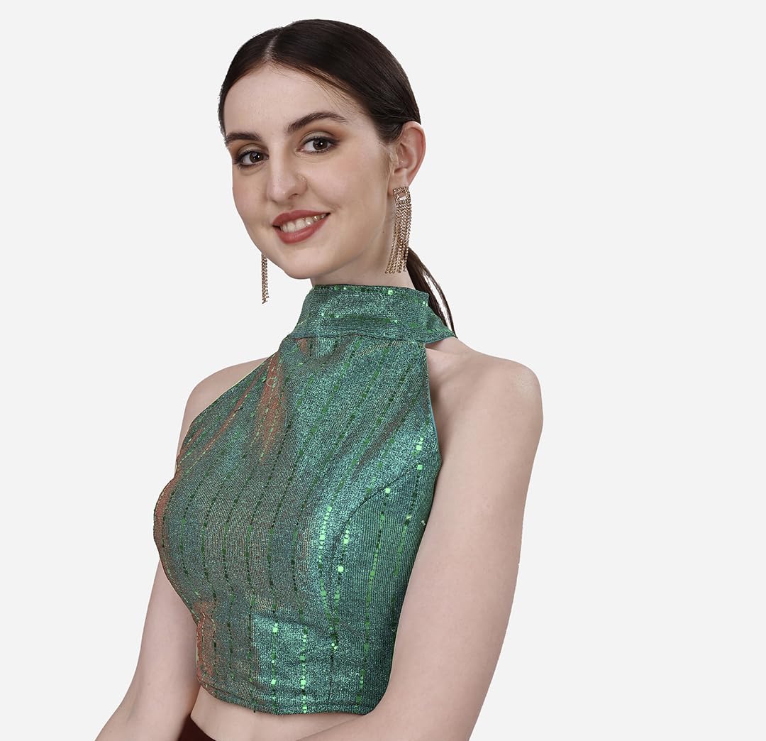 Pujia Mills Womens Readymade Fancy Halter Neck Sleeveless Saree Blouse.(Halter Neck Sequins Rama_38)