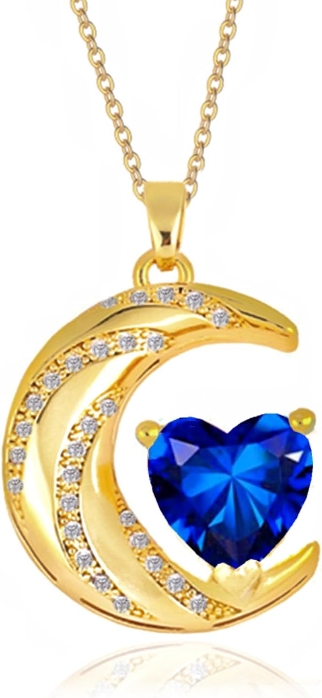Crystal Zircon Moon Heart Pendant Crescent Necklace | Plated 18k Gold Gemstone Birthstone Statement Planet Diamond Jewelry Gift for Wife Mom Daughter Girlfriend