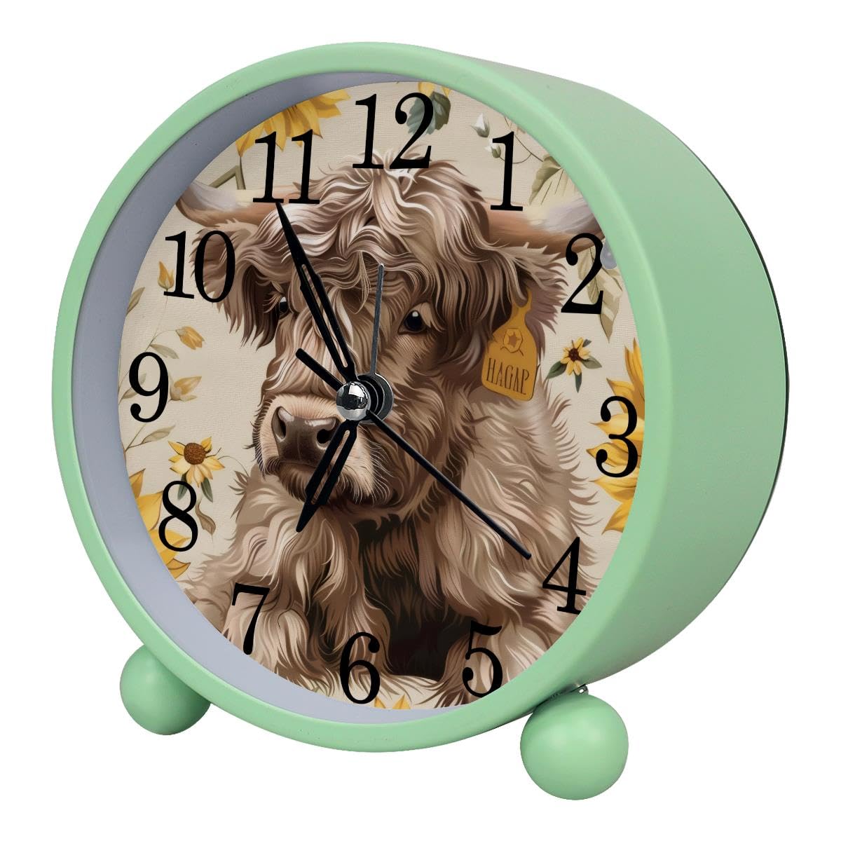 Alarm Clock Highland Cow and Sunflower, Silent Non-Ticking with Night Light