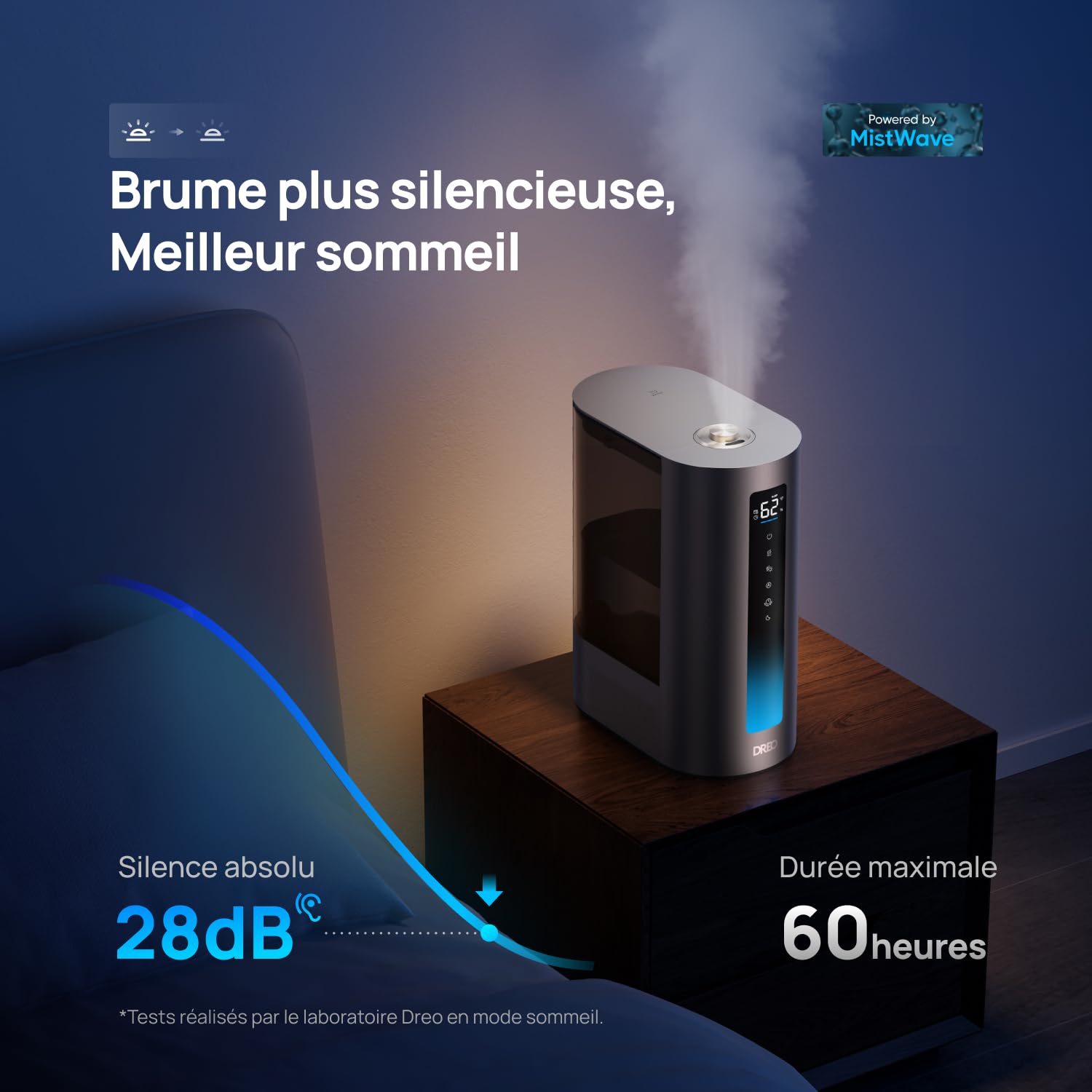 Dreo 6L Humidificateur chambre à coucher, intelligent, brume chaude/froide, pour plantes et bébé, remplissage par le haut, 60H d'autonomie, silencieux, avec minuterie, compatible Google/Alexa, HM713S