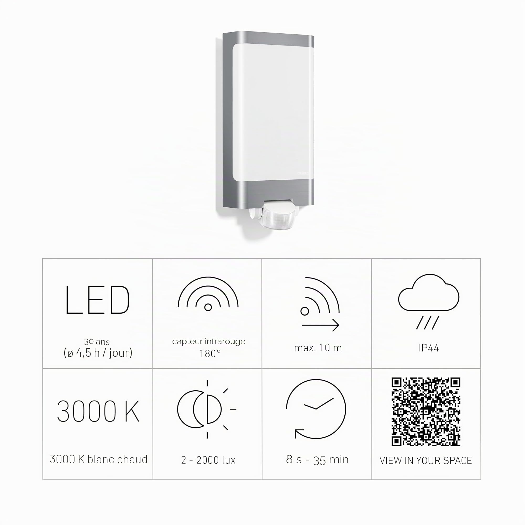 Steinel luminaire extérieur L 240 LED inox - applique murale LED - détecteur de mouvement 180° - portée 10m - puissance 7 -5W