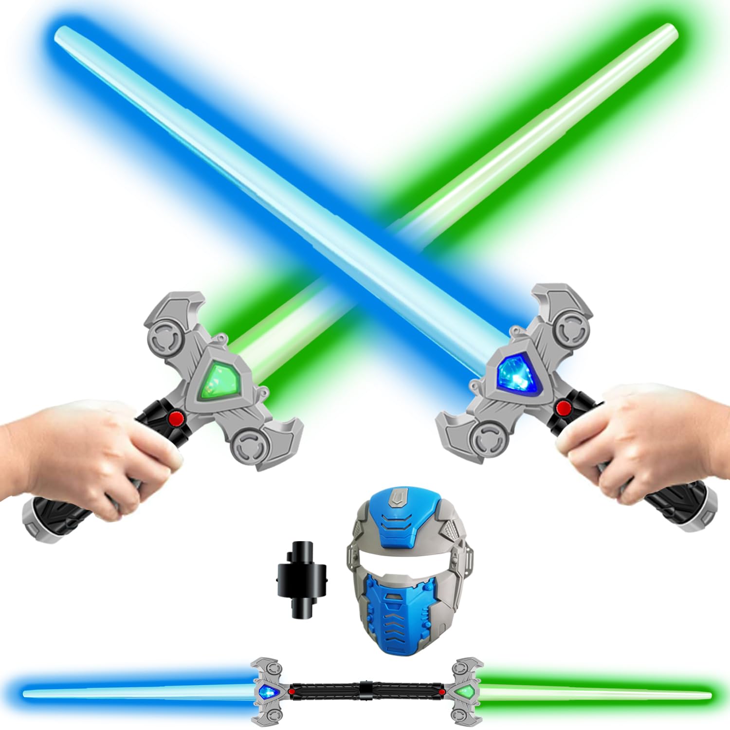 3 Pack Lightsaber - Expandable 2-in-1 Light Sabers with Connector - Blue & Green LED Swords Set for Kids - Light Sword Toys with FX Sound - Gifts for Birthday, Christmas