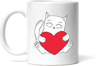 Cat Gift for Pet Lovers White Cat Holding Heart 11oz 15oz White Coffee Mug