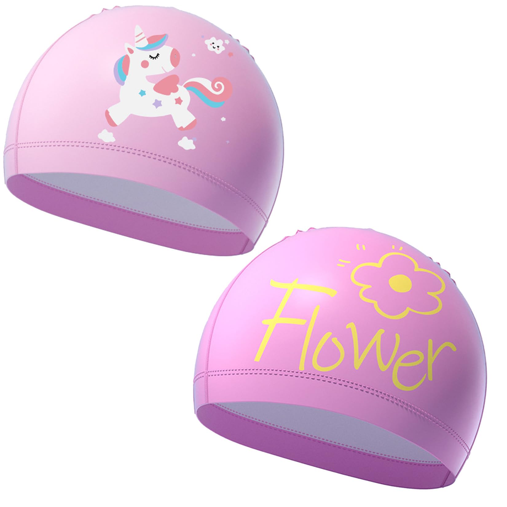 2 Pack Pink Kids Swimming Caps for Girls Ages 4-10, Soft Stretchy Fabric Swim Hats with Comfortable Fit, Cute Unicorn and Flower Cartoon Design for Pool Lessons and Water Activities